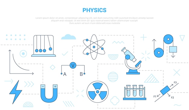 Concetto di fisica con l'insegna del modello dell'insieme con l'illustrazione di stile di colore blu moderno