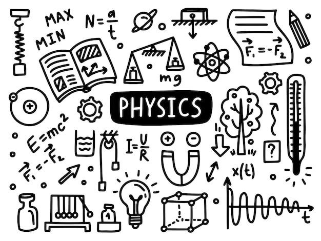 Physics doodle line set school university Outline subject