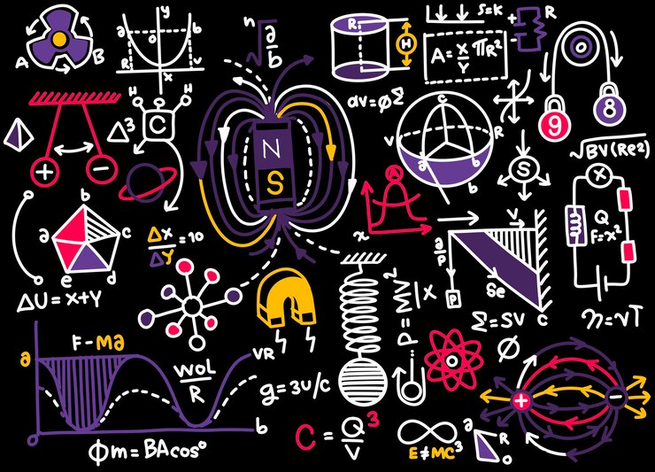 Vector physics education math and science pattern with handwritten formulas
