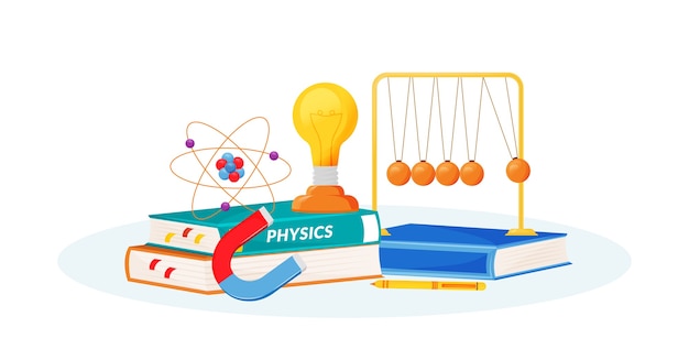 Physics flat concept illustration. School subject. Natural science metaphor. Practical class. University course. Student textbook and school laboratory items 2D cartoon objects