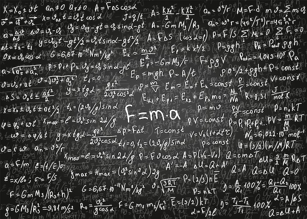 Physics formulas drawn by hand on the black chalkboard for the background vector illustration