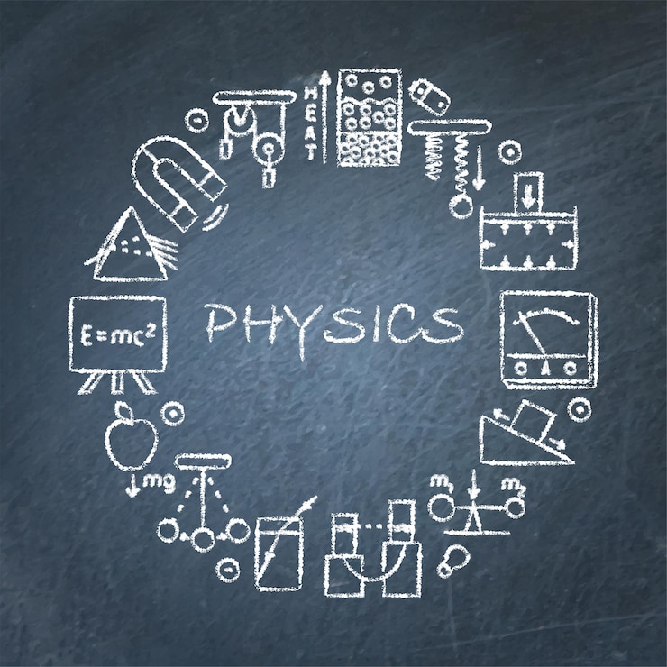 Vector physics round banner on chalkboard