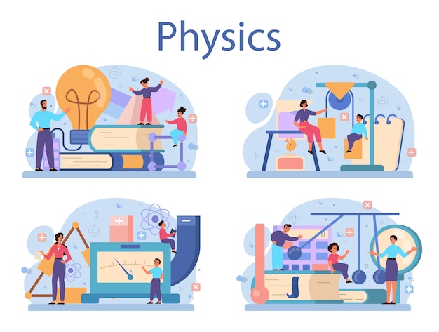 Insieme di concetto di materia della scuola di fisica. scienziato esplora elettricità, magnetismo, onde luminose e forze. studio teorico e pratico. corso e lezione di fisica.