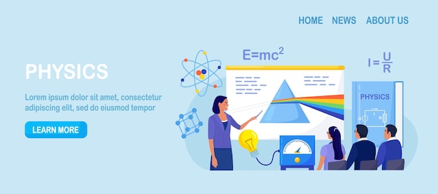 Школьный предмет по физике Учащиеся изучают дисперсию цвета через призму в классе Ученый исследует силы световых волн электричества Учитель указывает на классную доску, обучая учеников Лабораторный эксперимент