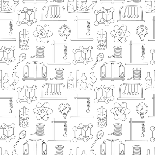 Physics sciences seamless pattern physical laboratory equipment vector hand drawn doodle style