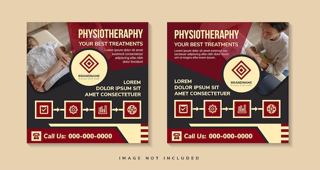 Шаблон сообщения в социальных сетях о физиотерапии. современный дизайн баннера. красный и мягкий коричневый на элементах
