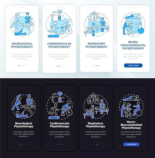 Экран страницы мобильного приложения физиотерапии. пошаговое руководство по видам физиотерапии, 4 шага, графические инструкции с концепциями. векторный шаблон ui, ux, gui с иллюстрациями ночного и дневного режимов