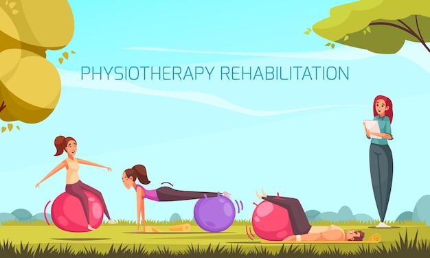 Physiotherapy rehabilitation composition with group of human characters doing physical exercises with balls and outdoor landscape