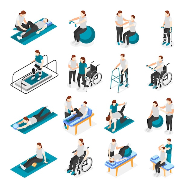 Physiotherapy and rehabilitation icons set