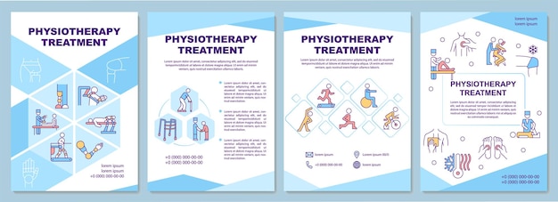Вектор Шаблон брошюры физиотерапевтического лечения. забота о физическом здоровье. флаер, буклет, печать листовок, дизайн обложки с линейными иконками. векторные макеты для презентаций, годовых отчетов, рекламных страниц