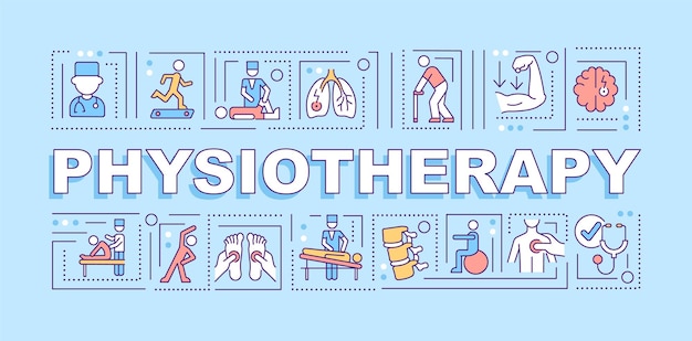 Vector physiotherapy word concepts banner. physical health care. infographics with linear icons on blue background. isolated creative typography. vector outline color illustration with text
