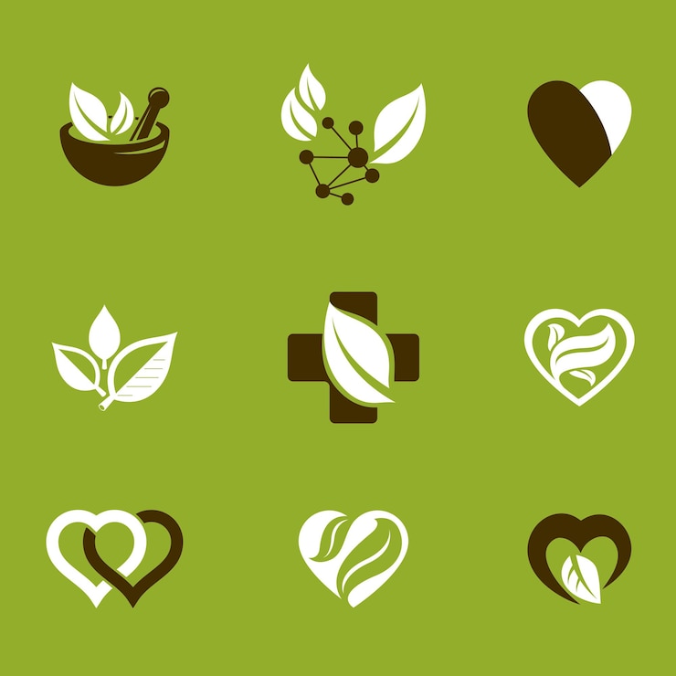 Vector phytotherapy metaphor, vector graphic emblems collection. vegetarian lifestyle conceptual illustrations.