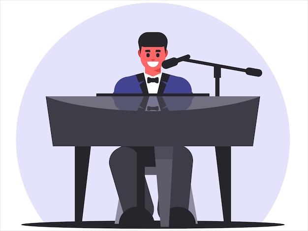 Pianist speelt piano en zingt een lied Talented Artist Performing on Scene Vector graphics