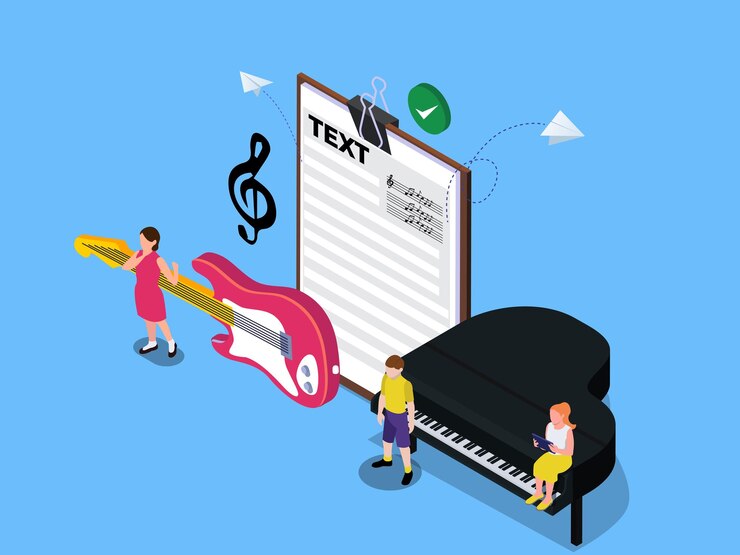 Vector piano and electric guitar music lesson for children