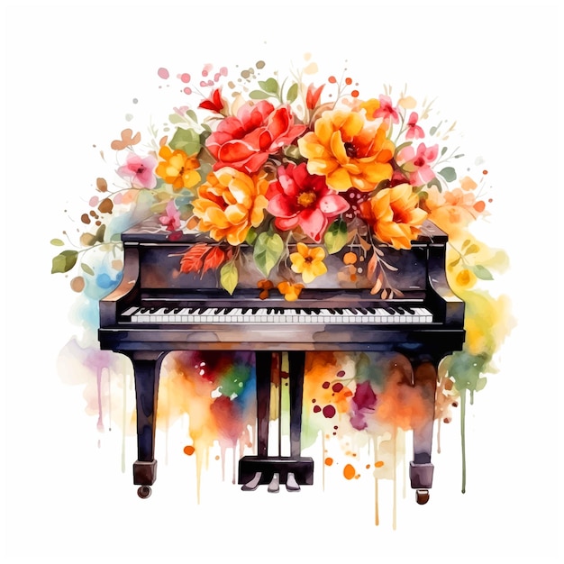 Piano en bloemen aquarelverf