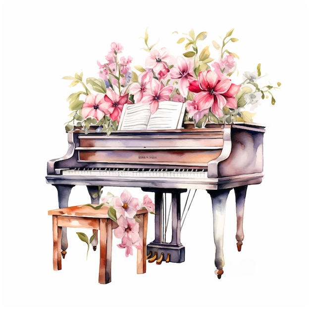 Piano and flowers watercolor paint