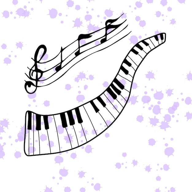 Vector piano keys on a background of purple watercolor stains