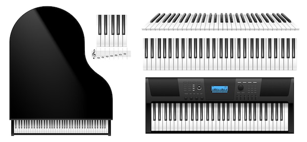 Vector piano keys top view. realistic keyboard of classic piano instrument and modern digital electric synthesizer isolated on white background. vector illustration