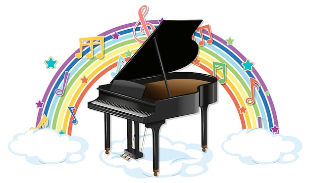 Vettore pianoforte con simboli melodici su arcobaleno