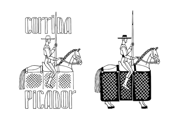 ロゴのエンブレムとポスターのためのスペインの闘牛のキャラクターを馬に乗ったピカドール