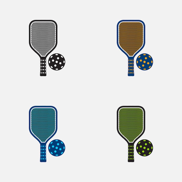 Vector pickleball paddle with ball vector symbol icon for sports racket different color on white background