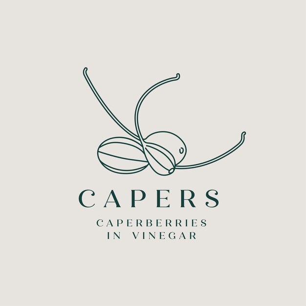  pickled capers - simple linear style. Logo composition with caperberries and typography.