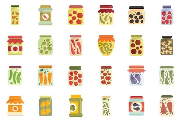 Pickled products icons set flat vector Autumn canned