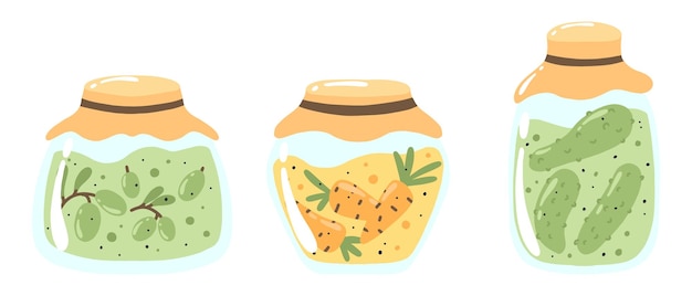 Pickles set zelfgemaakte augurken met komkommer, olijven en wortelen huis groenten in blik vectorillustratie