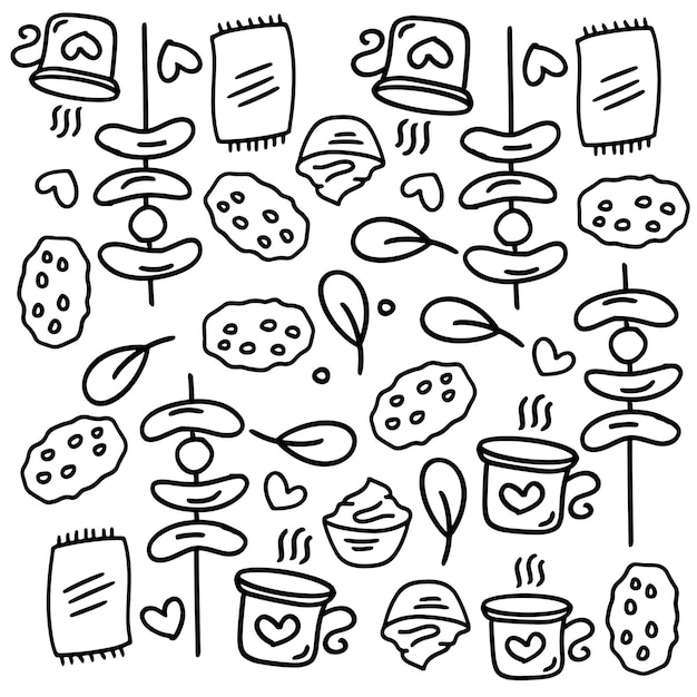 Picknick en camping doodle lijn set vector