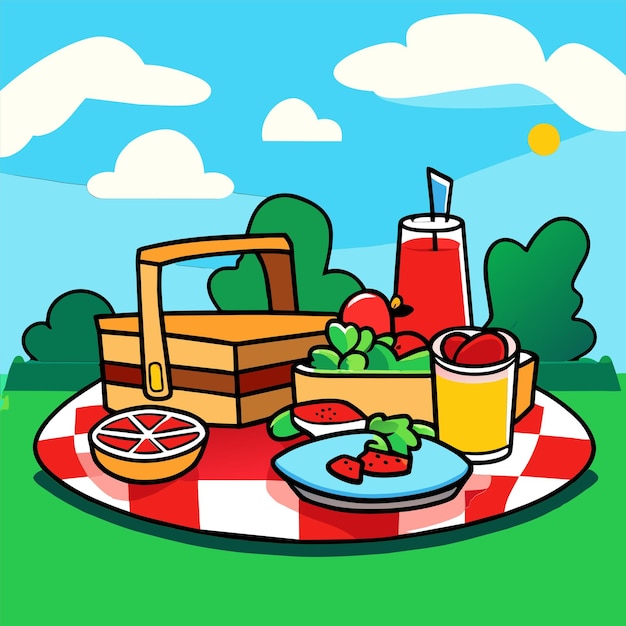 Vector picknick eten op gras in het park cartoon vector illustratie