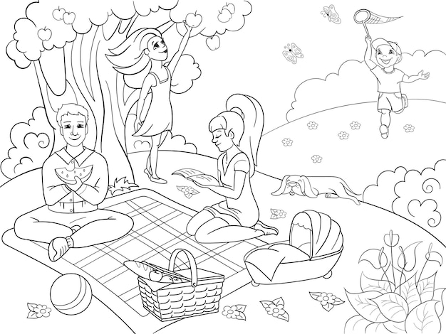 Picknick in de natuur kleurboek voor kinderen cartoon vectorillustratie