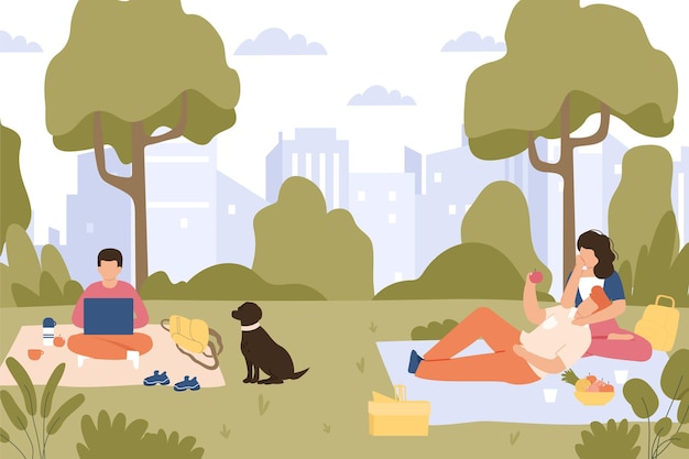 Picknick in het park Zomer vrijetijdsbesteding paar zittend op deken samen eten appel fruit Mannelijke freelancer