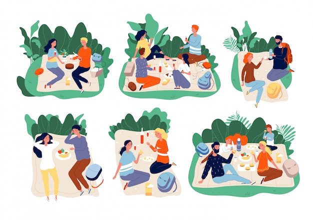 Picknick mensen. outdoor familie gelukkig groep samen eten in groene zomer park picknick karakters