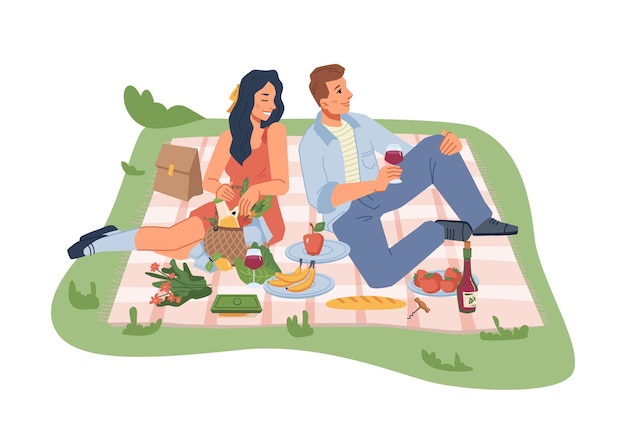 Vector picknick op de natuur man en vrouw zittend op deken met wijn groenten en fruit geïsoleerd plat