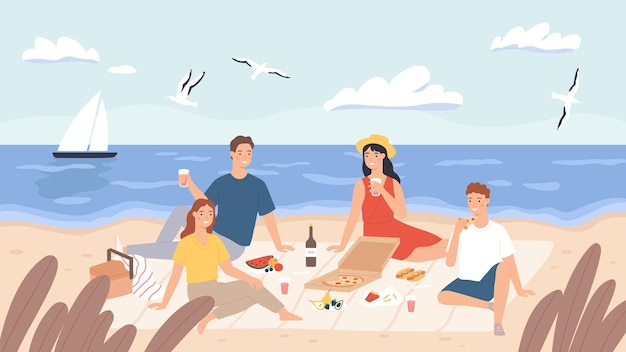 Picknick op het strand. Groep vrienden chillen en eten aan de kust. Gelukkige mannen en vrouwen lunchen buiten. Vakantie aan zee vector concept. Mensen die wijn drinken, pizza proeven, vliegende meeuwen