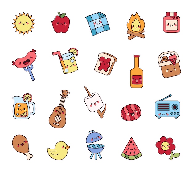 Picknick set met schattige kawaii cartoon personages