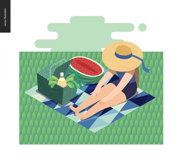 Picknickillustratie van meisjeszitting in het gras met zonhoed, picknick rieten mand, limonade