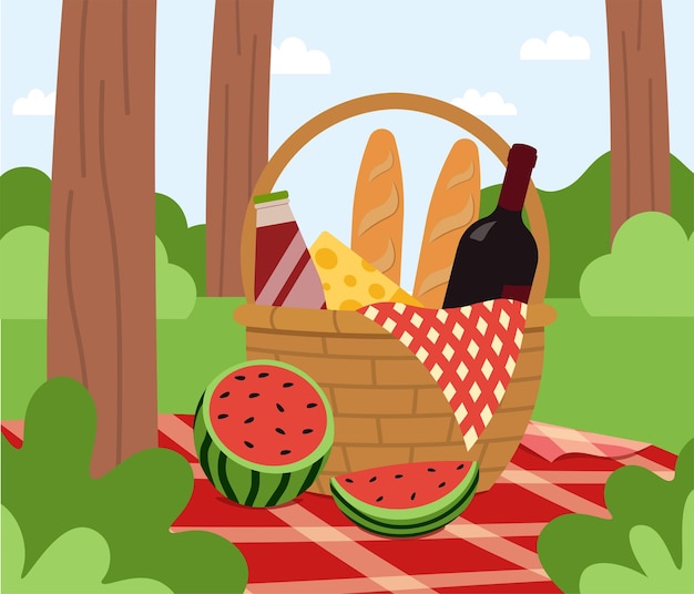 Picknickmand op de weide in het bos lente of zomer vectorillustratie in vlakke stijl