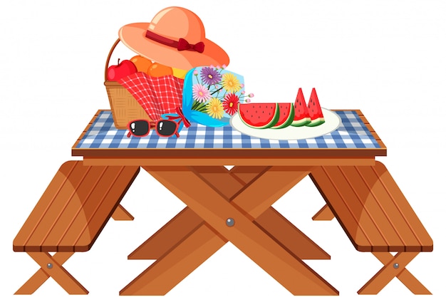 Picknicktafel met fruit en bloemen op wit