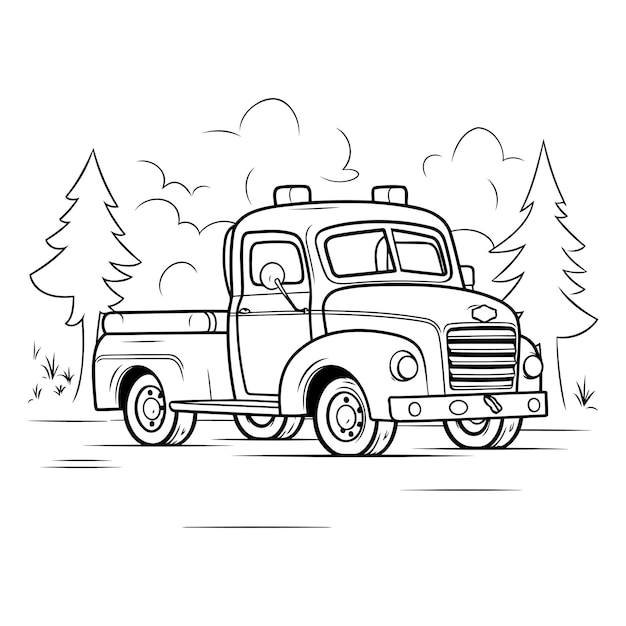 Vector pickup truck in the forest on white background