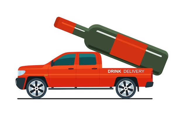 Il camioncino porta una bottiglia di alcol nel retro. concetto di servizio di consegna. illustrazione vettoriale.