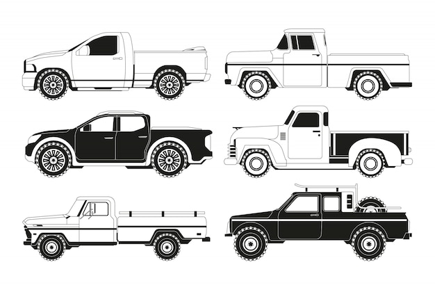 Pickup truck silhouettes. black pictures of various automobiles