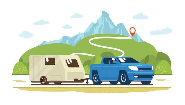 Пикап и трейлер-караван на дороге на фоне сельского пейзажа. Векторная иллюстрация плоский стиль.