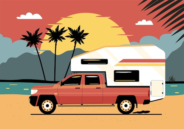 Pickup truck with a touring trailer mounted in the back on background of abstract tropical landscape. Vector illustration.