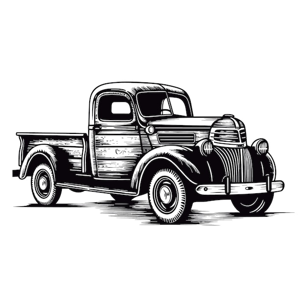 Pickup truck woodcut drawing vector template