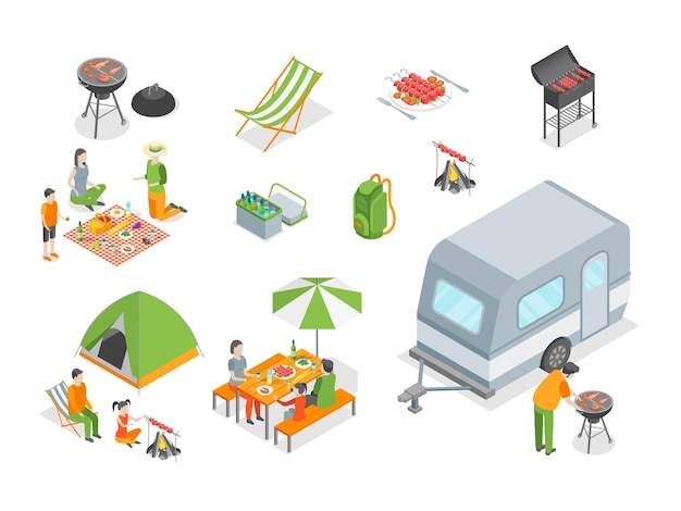 Пикник Барбекю Знаки 3d Icon Set Изометрический вид Включает в себя мясо и соус на гриле Векторная иллюстрация икон Bbq Party