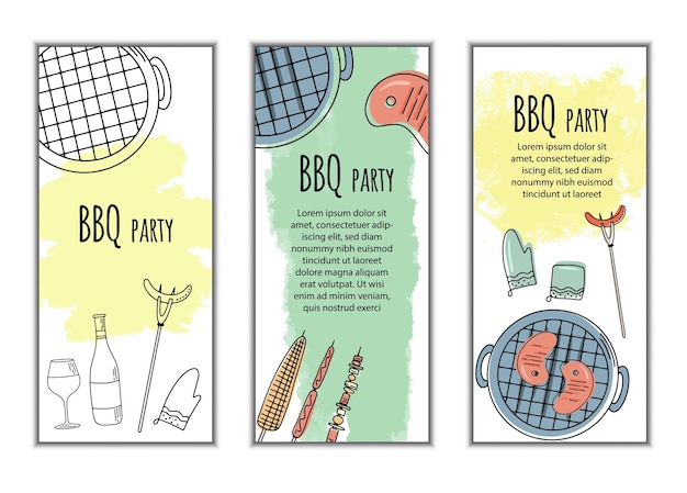 Banner verticale barbecue picnic con oggetti schizzo elementi barbecue disegnati a mano intorno al testo decorativo
