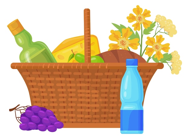 Picnic basket cartoon icon Wine and cheese picnic