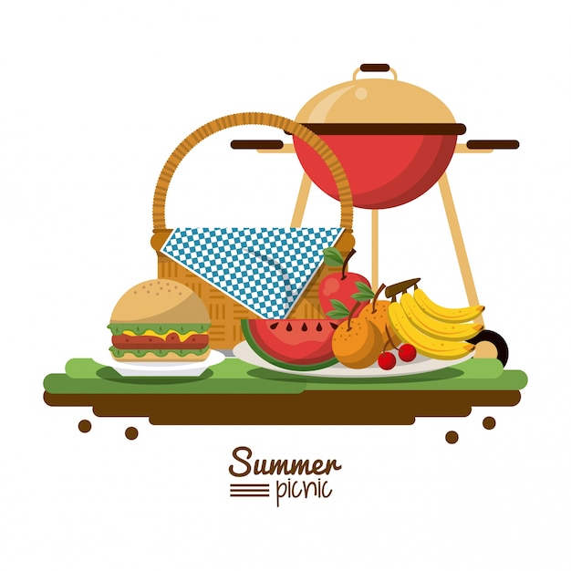 Picnic basket and charcoal grill and fruits and burger