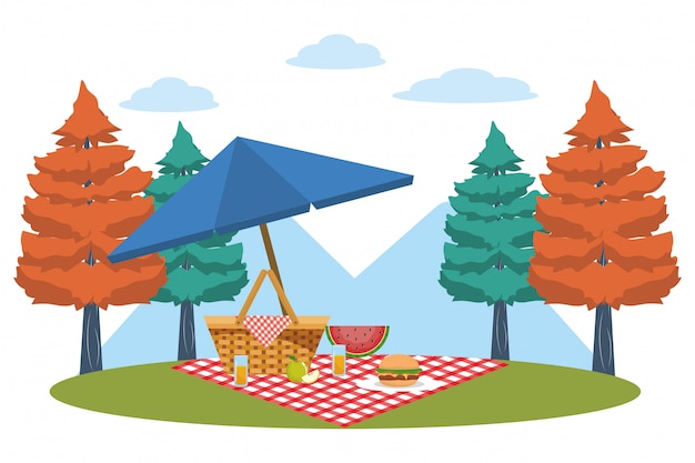 Vector picnic basket in forest